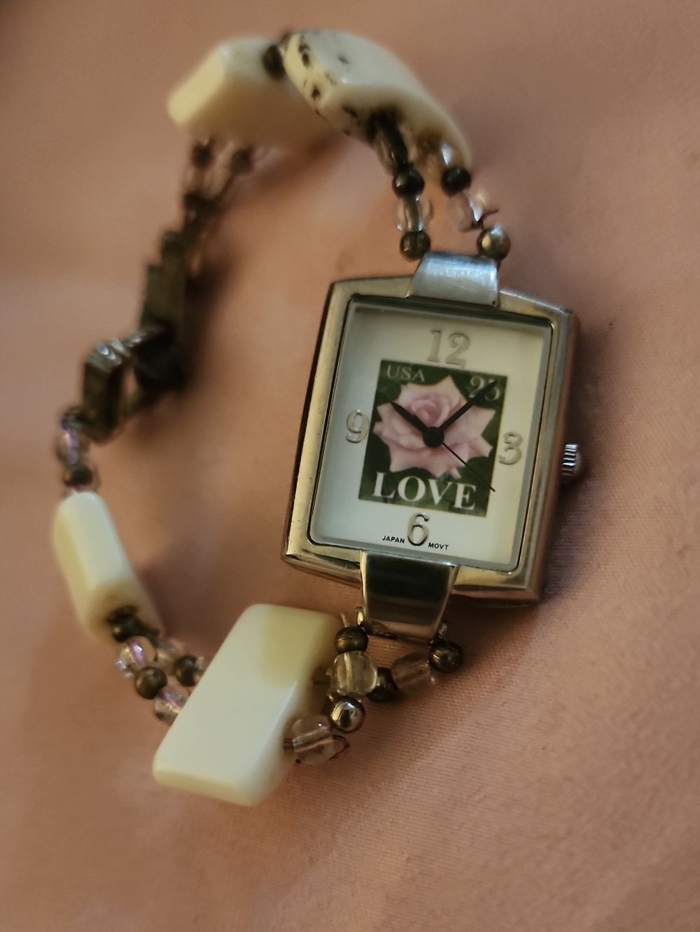 LOVE Pink Rose Stamp Dial Women's Beaded Bracelet Watch